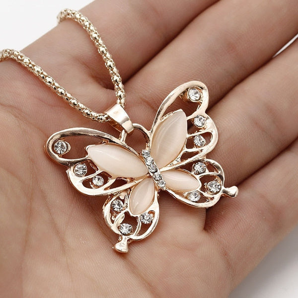 Rose Gold Acrylic Crystal Butterfly Pendant Necklace